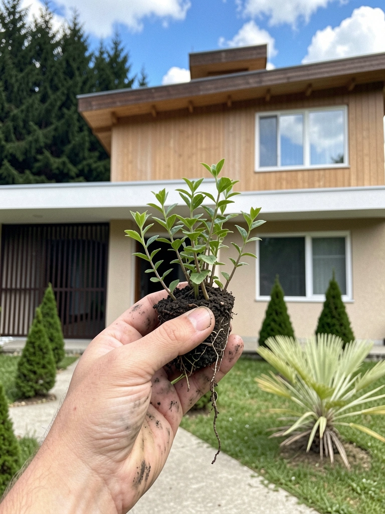 Mão de jardineiro segurando mudas pequenas de arbustos e flores