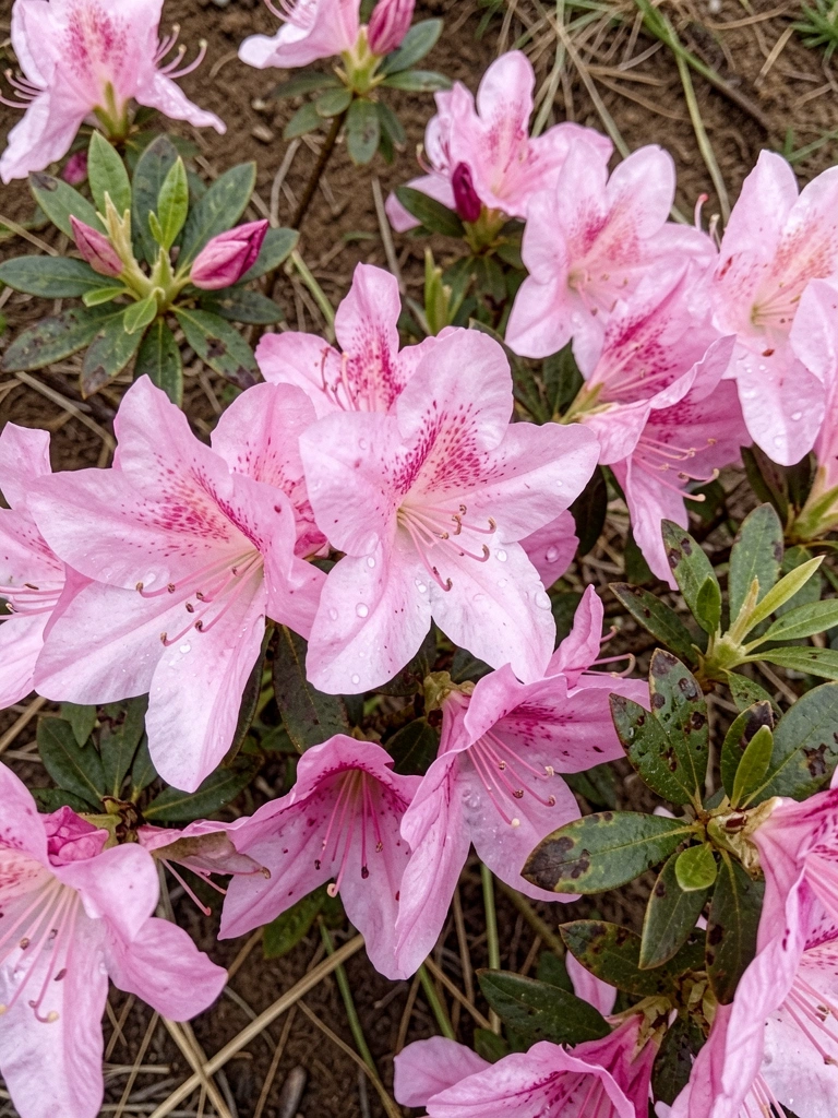 Canteiro de azaleias com flores em tons de rosa, vermelho e branco em jardim residencial.