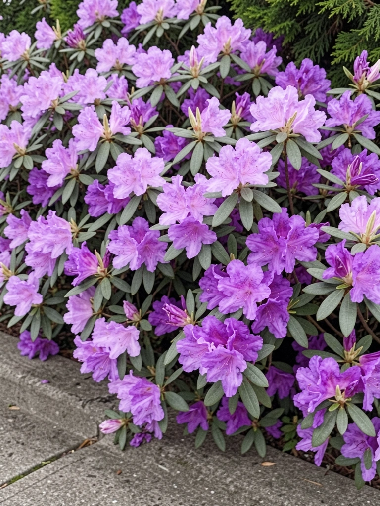 Duas flores lado a lado, uma azaleia rosa e um rododendro roxo, com folhas verdes e texturas distintas.