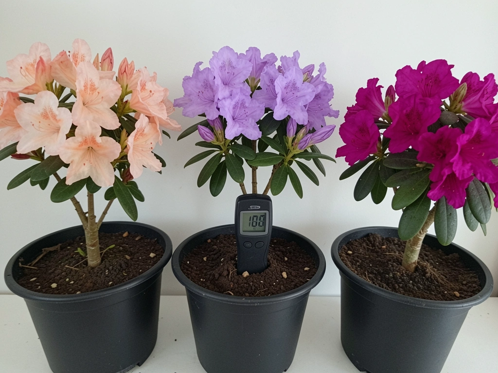 Mãos segurando um kit de teste de pH do solo próximo a um vaso com azaleia.
