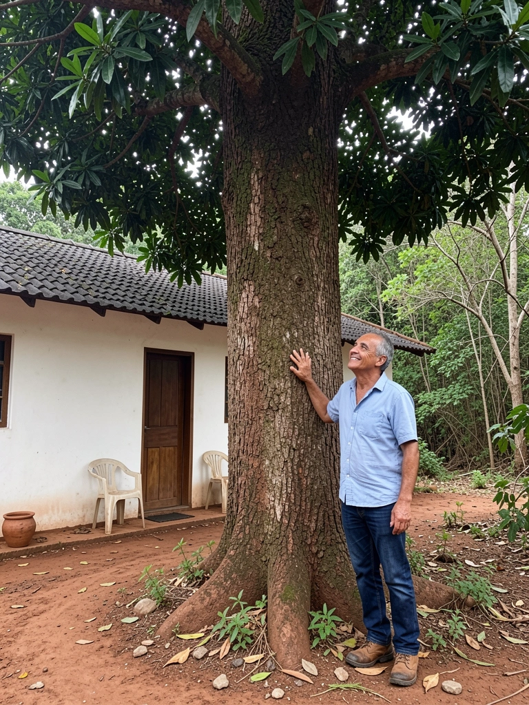 Craveiro de 15 metros ao lado de casa, mostrando a altura da árvore em relação à construção