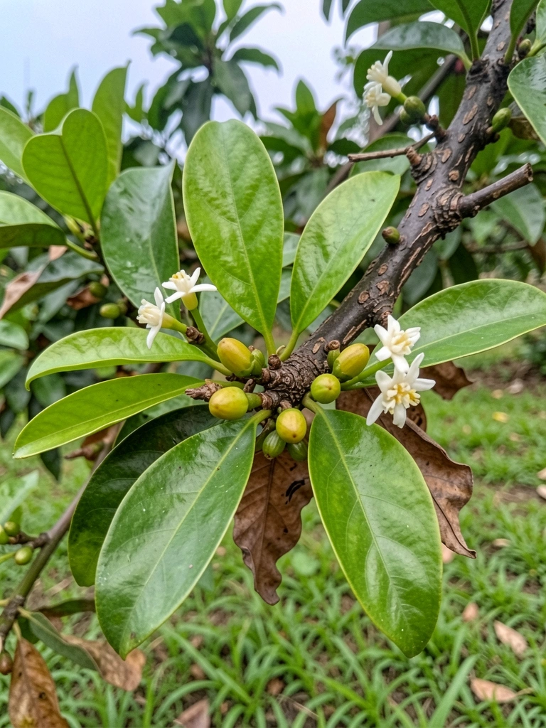 Flores brancas e botões do cravo-da-índia no pé da planta