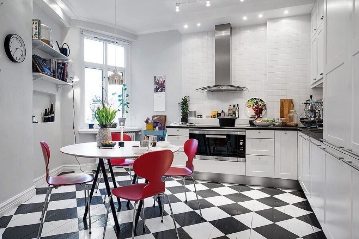 decoração com piso preto e branco