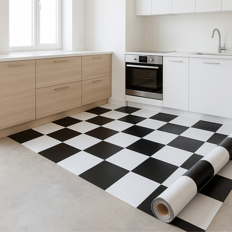piso vinílico preto e branco