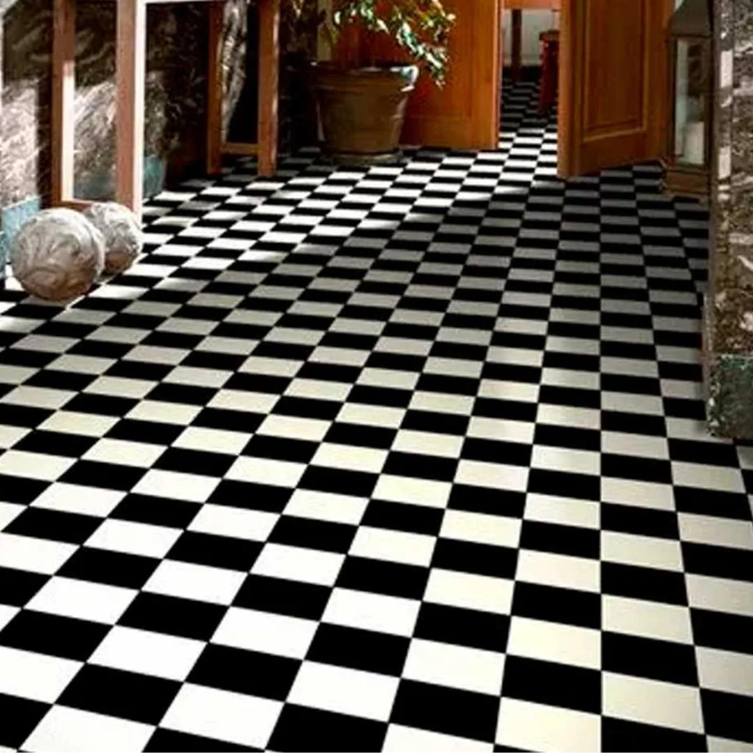 piso cerâmico preto e branco