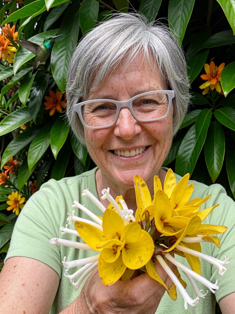 Close das brácteas amarelas e flores tubulares brancas da planta camarão amarelo