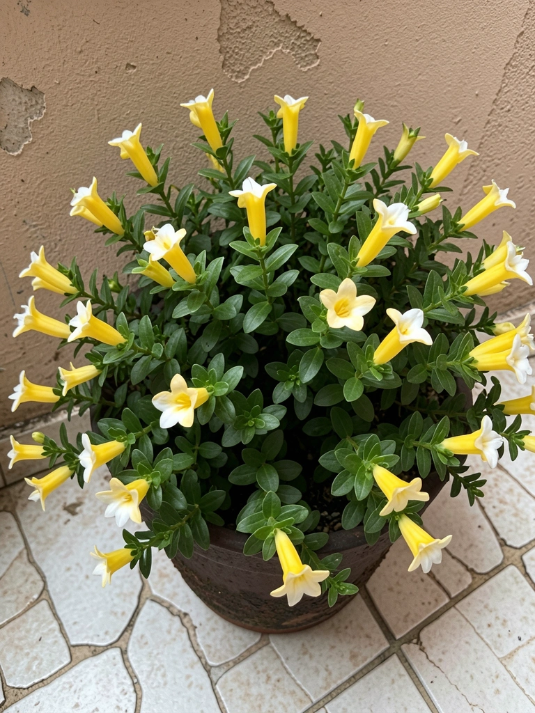 Vaso com planta camarão amarelo em varanda iluminada por luz indireta