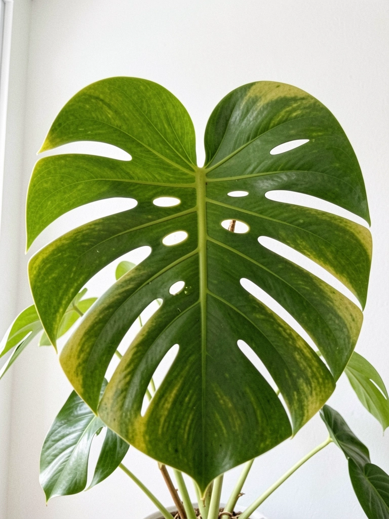 Folha verde com furos e recortes alongados, iluminada por luz natural, com fundo desfocado.