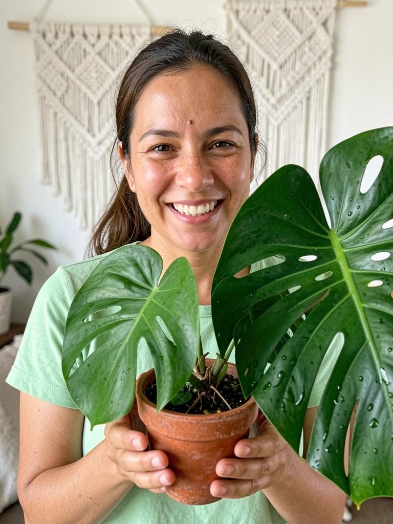 Folha de Monstera deliciosa com furos característicos, em close-up sobre fundo neutro.