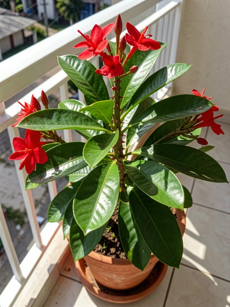 Vaso de barro com planta coroa-de-cristo de flores vermelhas em varanda ensolarada.