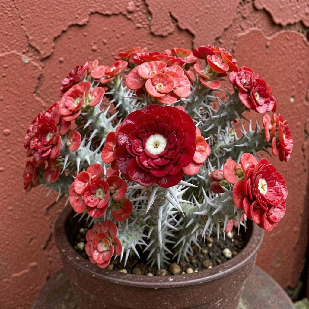 Detalhe dos espinhos e flores vermelhas da Euphorbia milii.