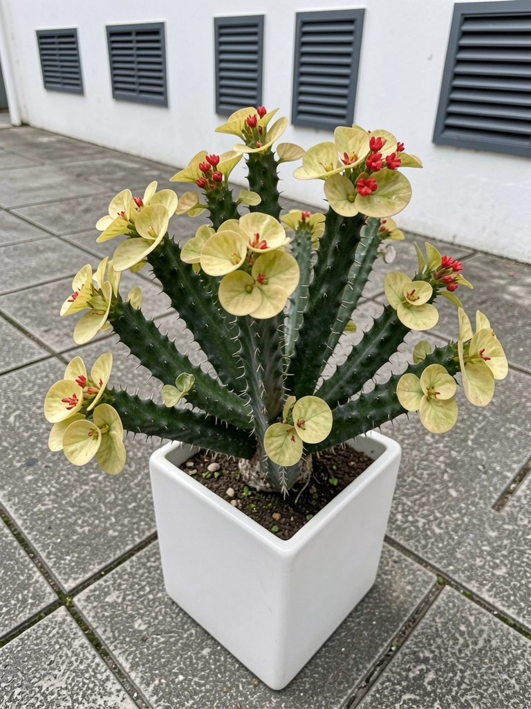 Planta coroa-de-cristo com folhas amareladas e poucas flores vermelhas em vaso, em área sombreada.