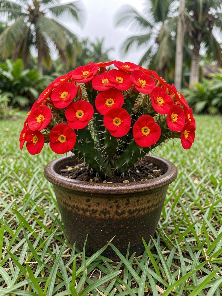 Vaso de cerâmica marrom com planta coroa-de-cristo, espinhos e pequenas flores vermelhas.