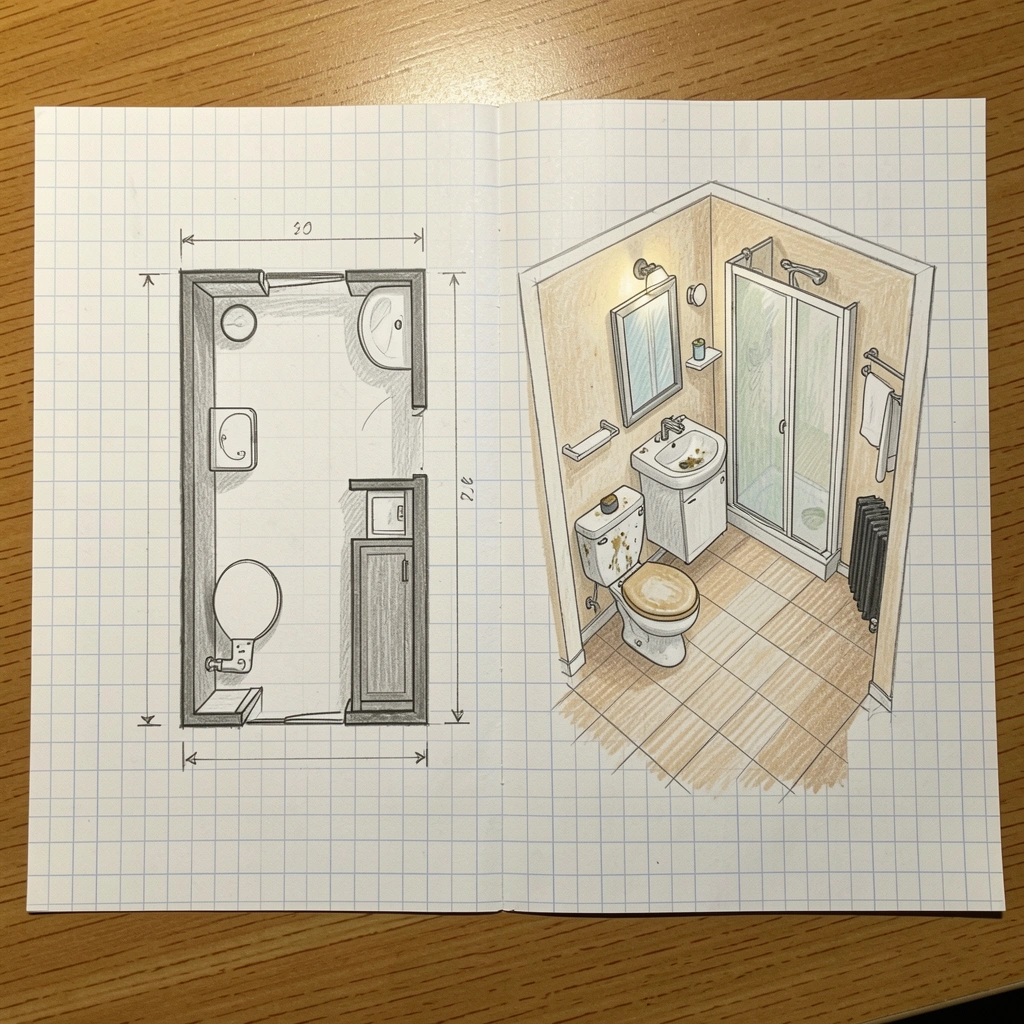 Desenho de banheiro pequeno em papel quadriculado com medidas anotadas à mão