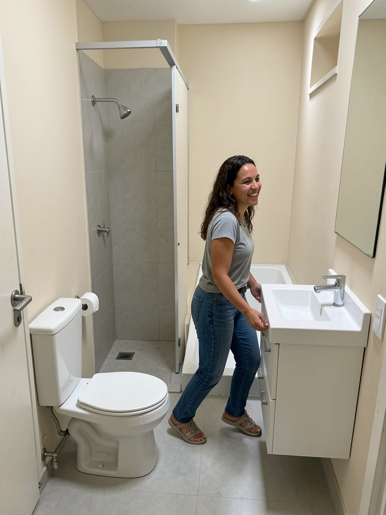 Pessoa de perfil passando entre vaso sanitário e bancada em banheiro estreito