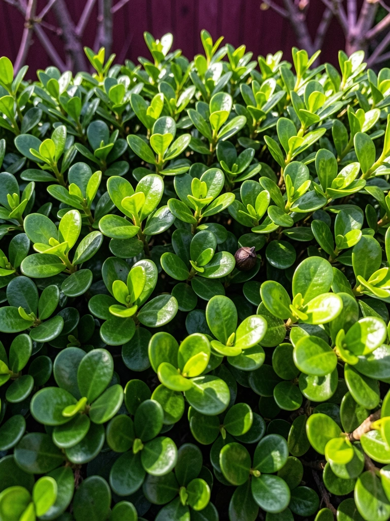 Cerca viva verde ao longo de um jardim, com folhagem densa e caminho de pedras ao fundo.
