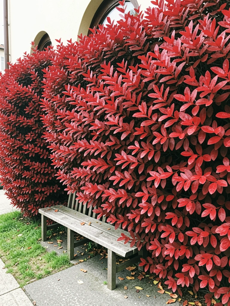 Banco de jardim sob sombra de cerca viva ao fundo
