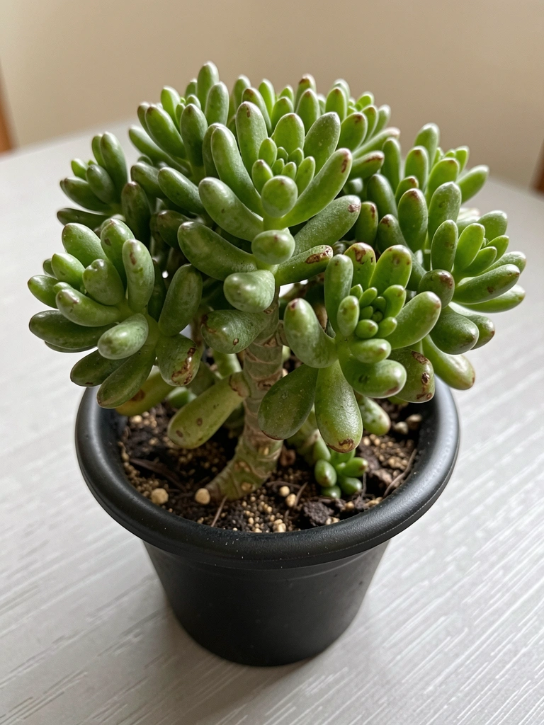 Planta de jade em vaso de cerâmica sobre mesa de madeira, com luz natural vinda da janela.