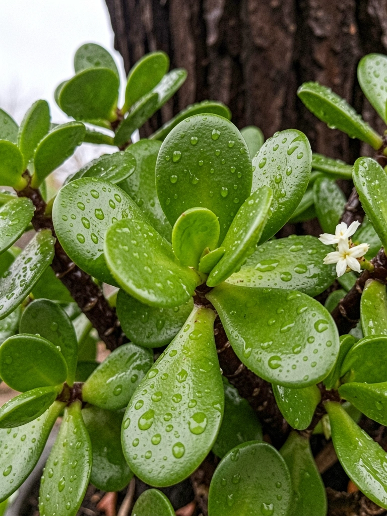 Close de folhas de Crassula ovata com superfície brilhante e textura carnuda.