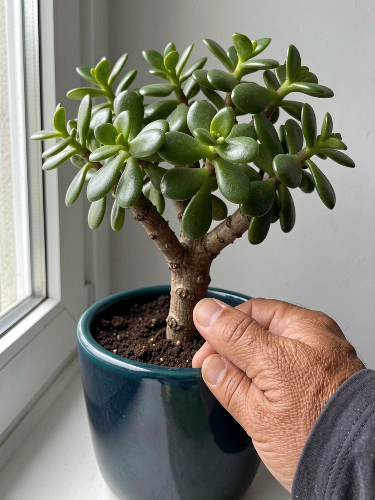 Planta de jade em vaso de cerâmica sobre parapeito de janela, com luz natural filtrada por cortina fina.