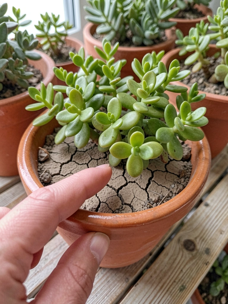 Dedo tocando a terra seca em um vaso com suculenta.