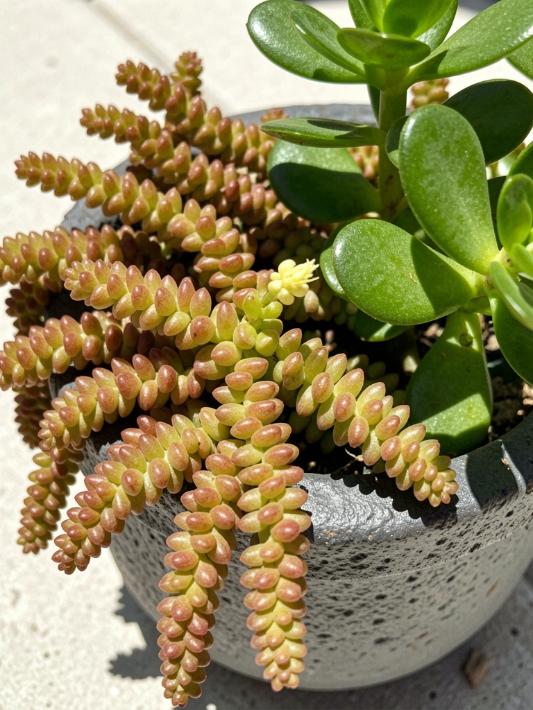 Arranjo de suculentas com planta de jade em vaso artesanal de cerâmica