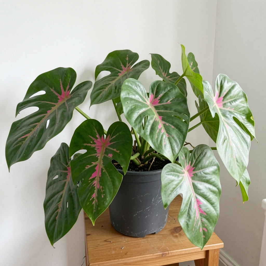 Folhas grandes e recortadas de Philodendron bipinnatifidum em vaso, com fundo neutro.