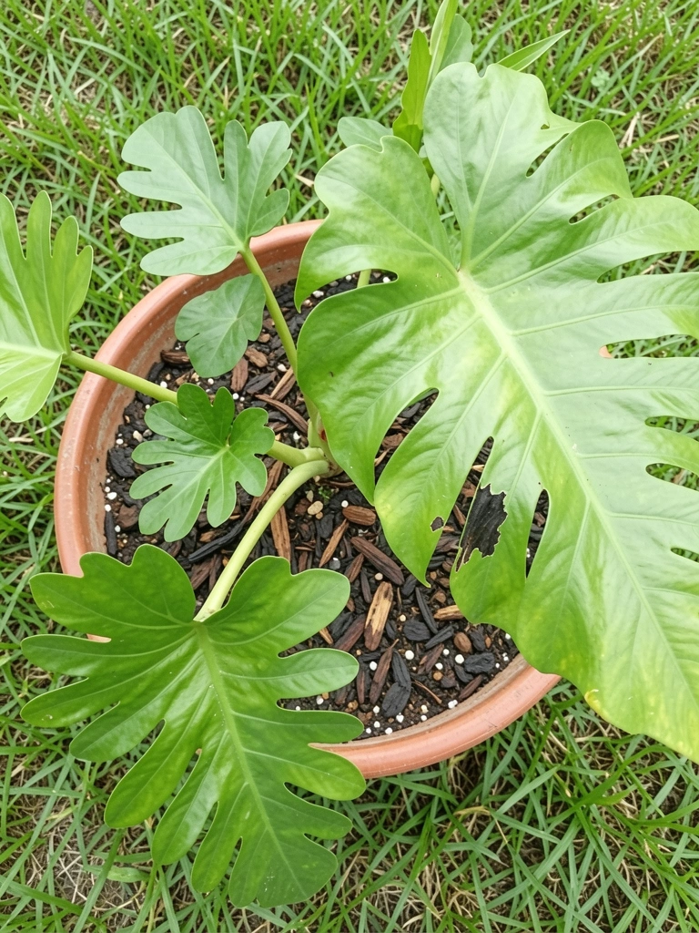 Vaso com substrato escuro e rico em matéria orgânica, com pequenos torrões e folhas em decomposição