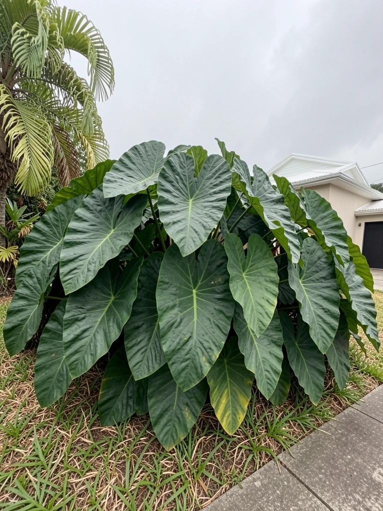 Folhas grandes e verdes de guaimbê em jardim tropical, com luz natural filtrando entre as plantas