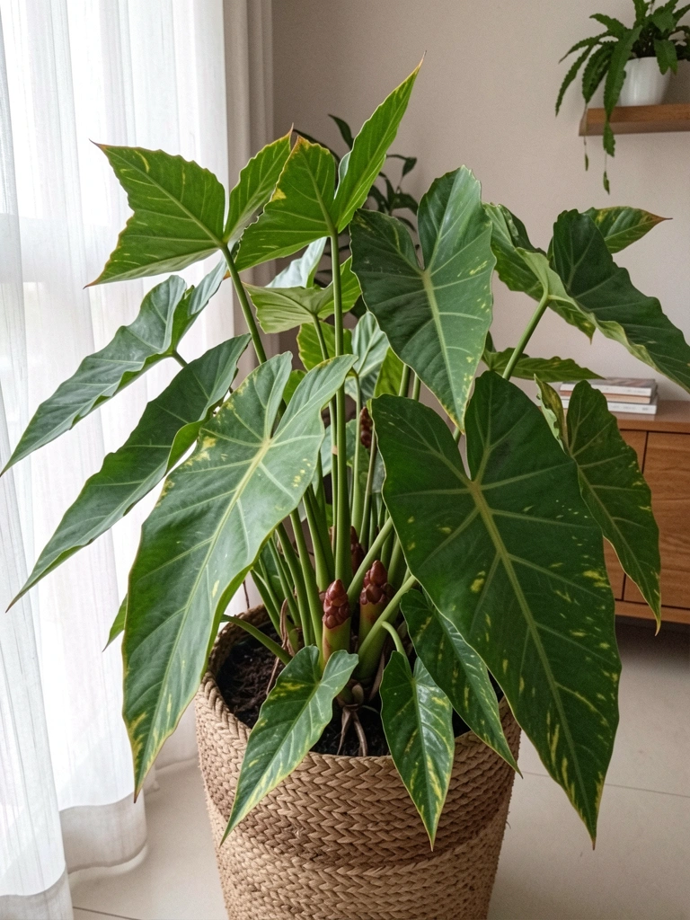 Vaso grande de fibra natural com planta guaimbê em ambiente interno