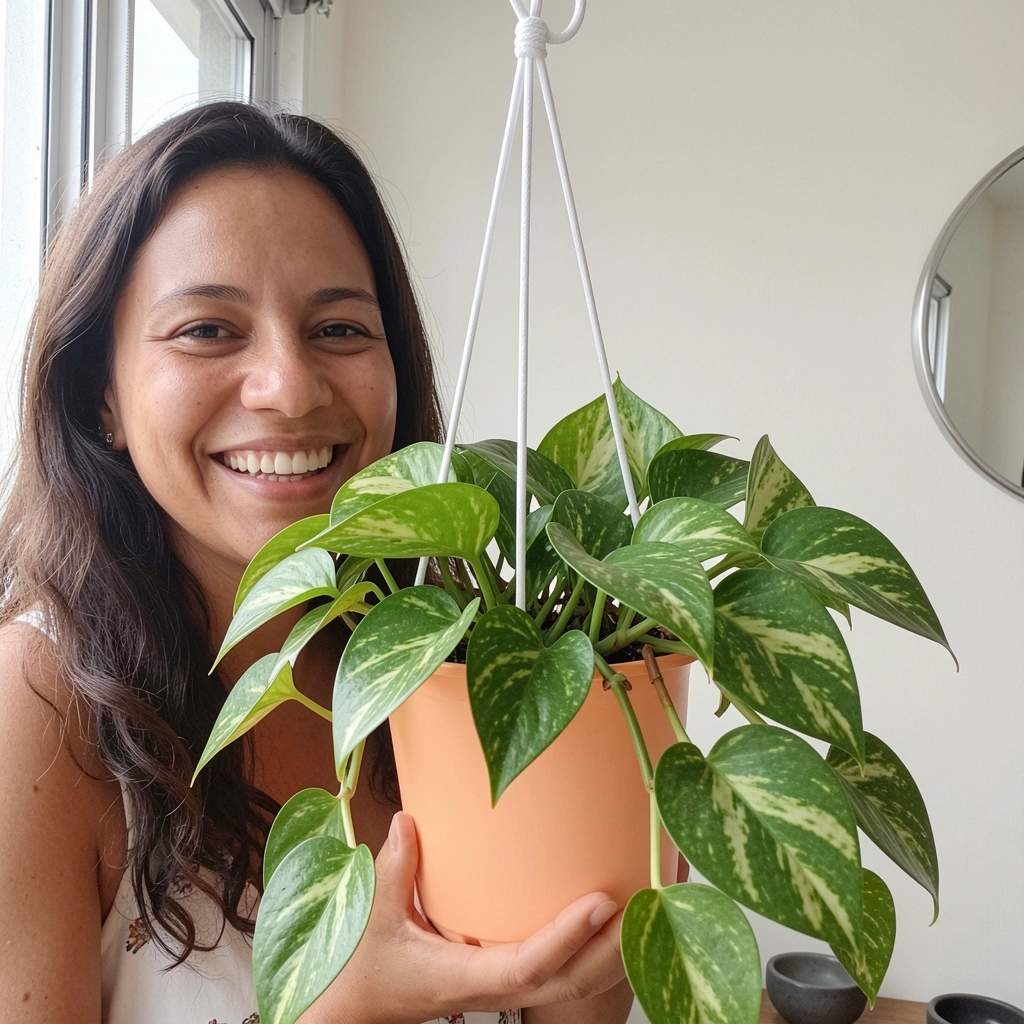Homem sorrindo segurando um vaso com planta jiboia