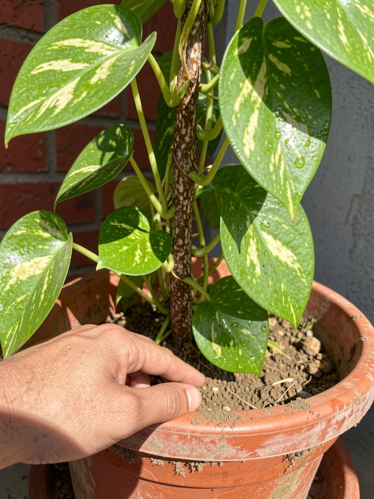 Mão tocando terra seca em vaso com planta jiboia, luz natural suave.