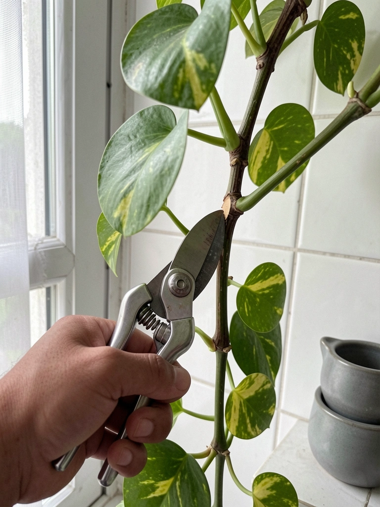 Tesoura de poda cortando galho de jiboia acima do nó, com folhas verdes ao fundo.