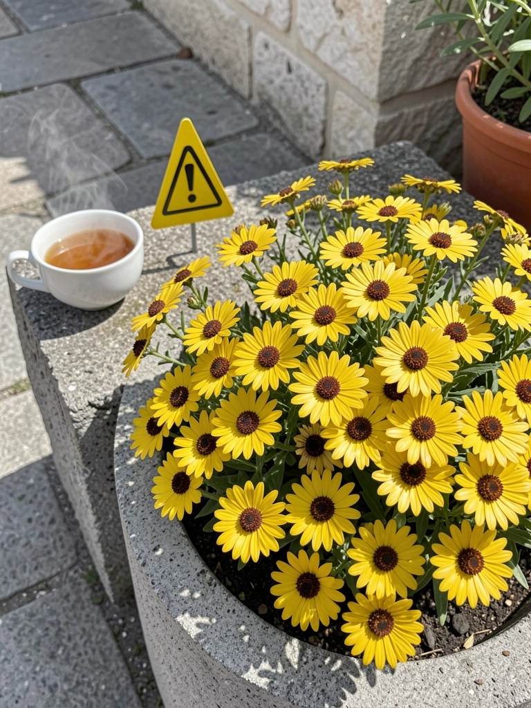 Símbolo de alerta triangular ao lado de uma xícara de chá sobre uma mesa de madeira.