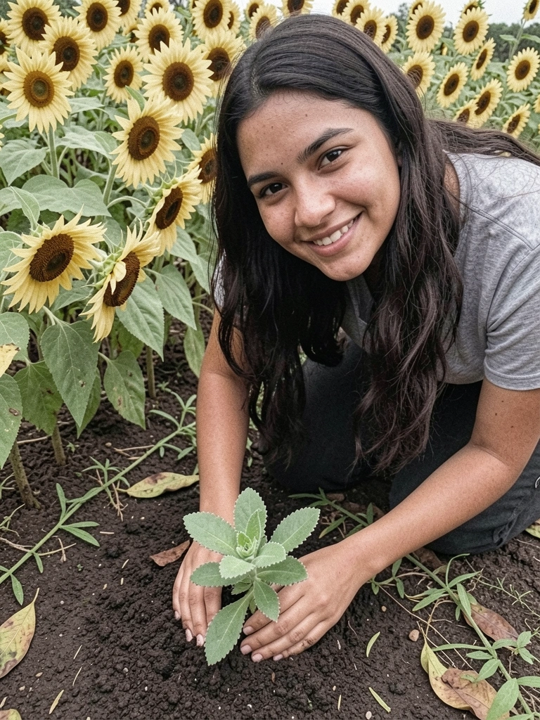 Muda de planta mão de deus sendo plantada em solo de jardim com ferramentas ao lado.
