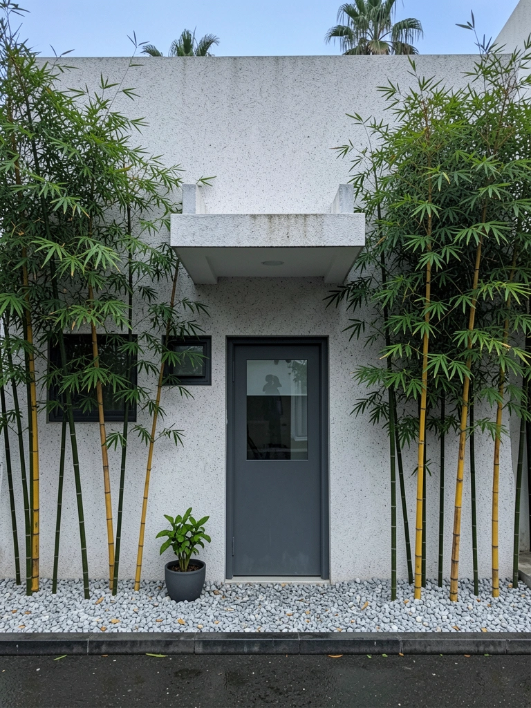 Fachada de casa com trepadeira verde cobrindo a parede e vasos de plantas no chão.