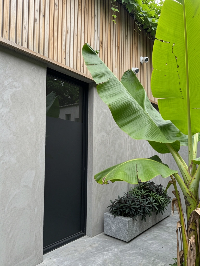 Fachada de casa com trepadeira verde cobrindo a parede ao lado da janela.