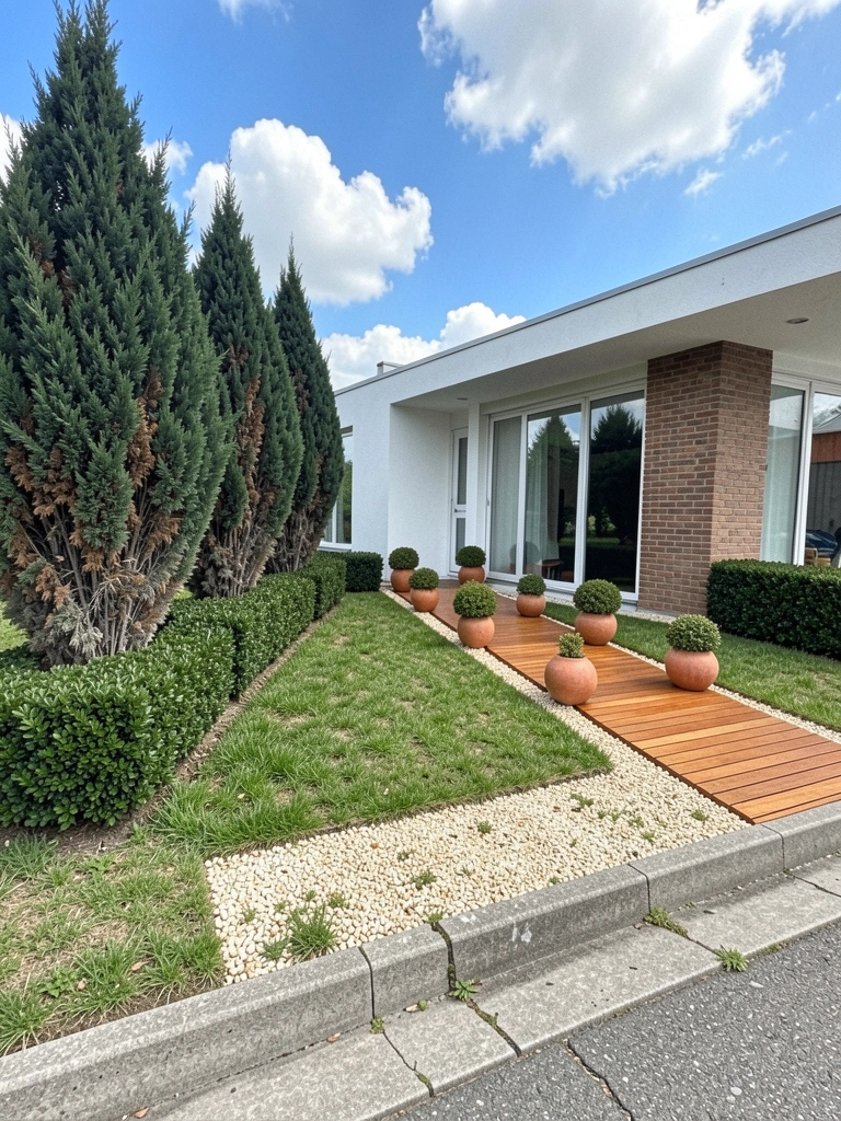 Fachada de casa com trepadeira cobrindo a parede e vasos de plantas ao lado da porta.