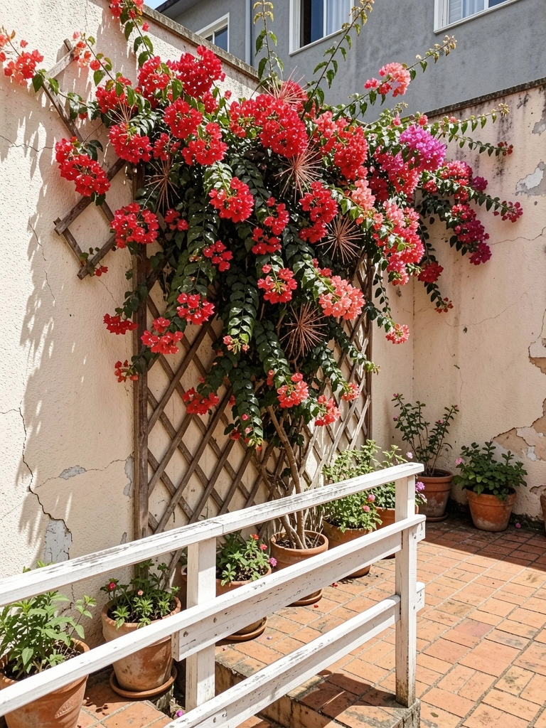 Trepadeira com flores rosadas subindo por treliça de madeira fixada em muro externo de casa