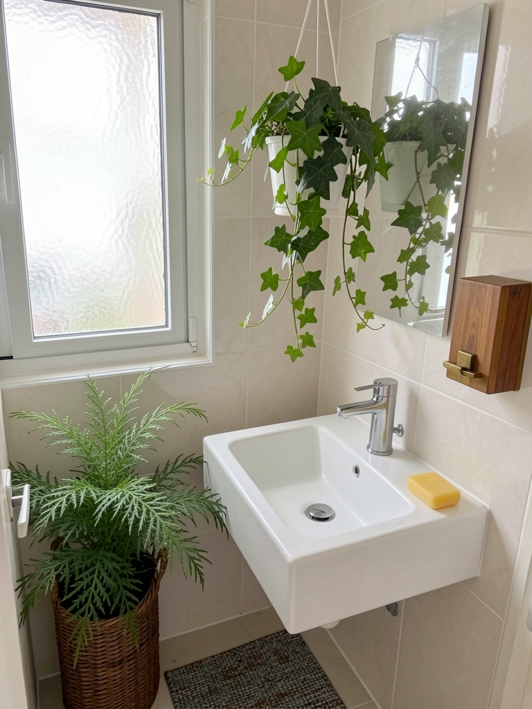 Banheiro com vasos de plantas pendentes suspensos, luz difusa e ambiente úmido
