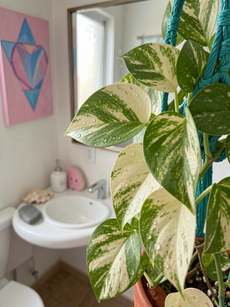 Folhas verdes com gotículas de água em um banheiro