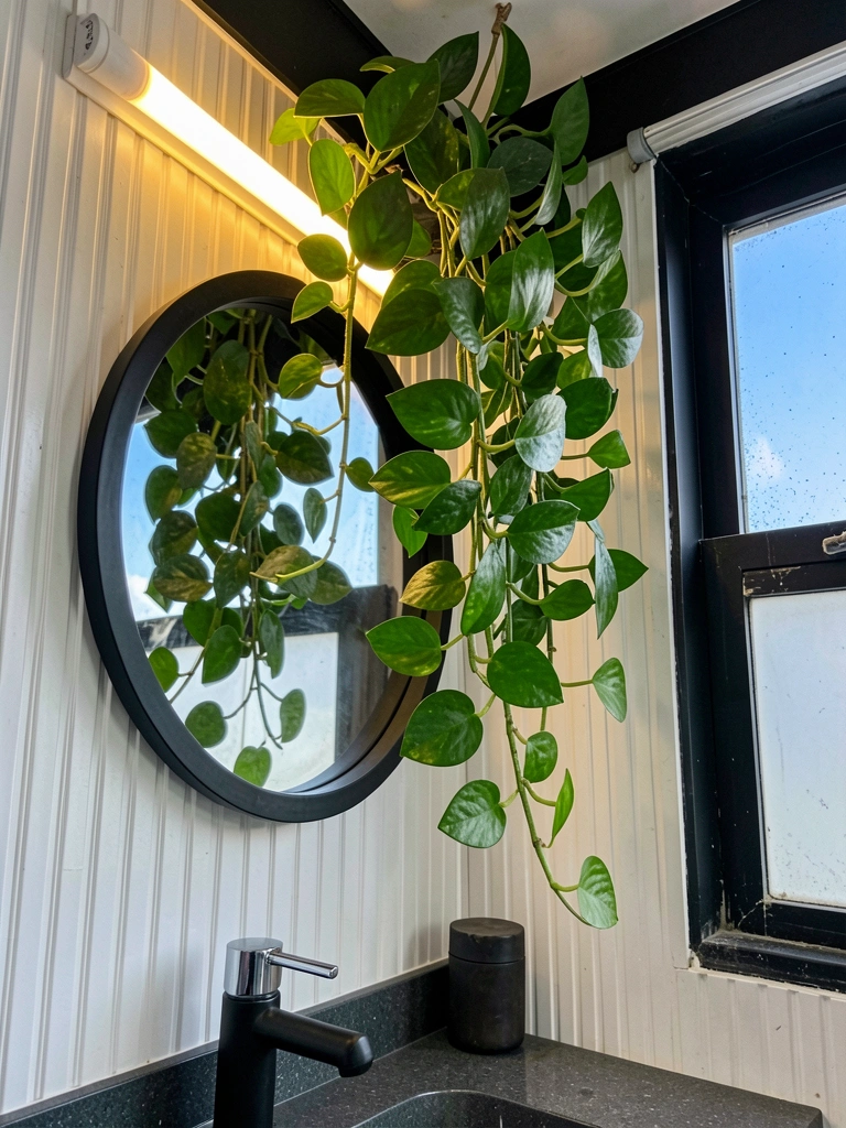 Banheiro compacto com plantas pendentes nas paredes, vasos brancos e iluminação suave.
