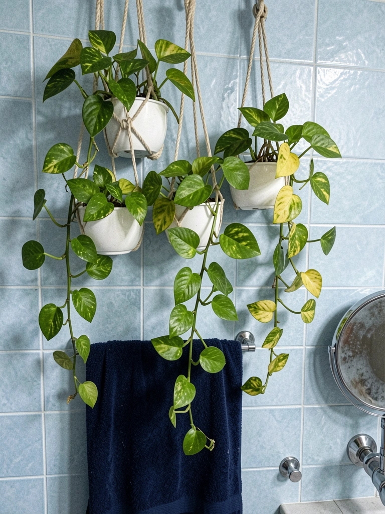Vasos suspensos com plantas pendentes em banheiro claro