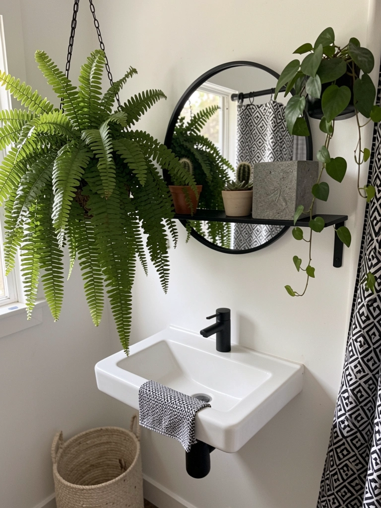 Vaso suspenso com samambaia verde e volumosa em banheiro claro