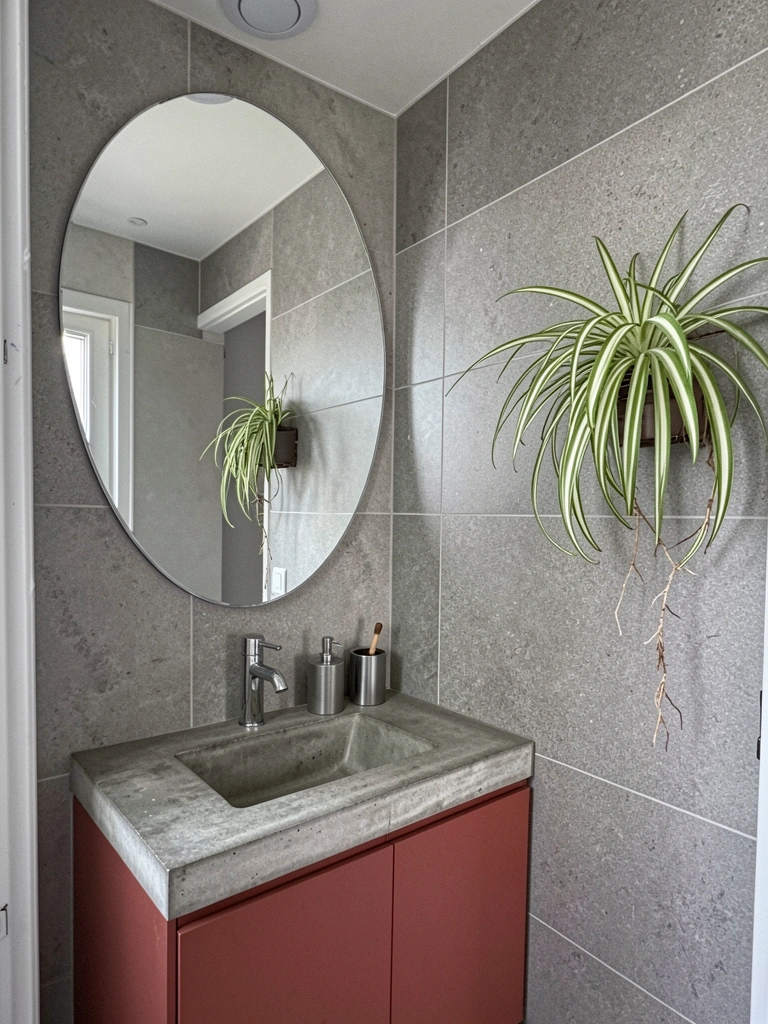 Planta-aranha variegada em vaso branco preso à parede, folhas longas e listradas caindo sobre o suporte.