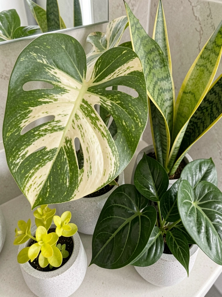Vasos pequenos com plantas variadas dispostos em uma bancada de banheiro, luz natural vinda de uma janela ao fundo.