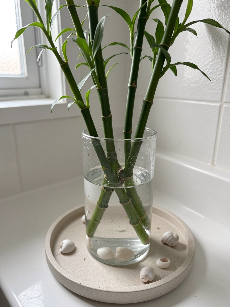 Vaso transparente com bambu da sorte em água, colocado sobre bancada de banheiro ao lado de saboneteira.