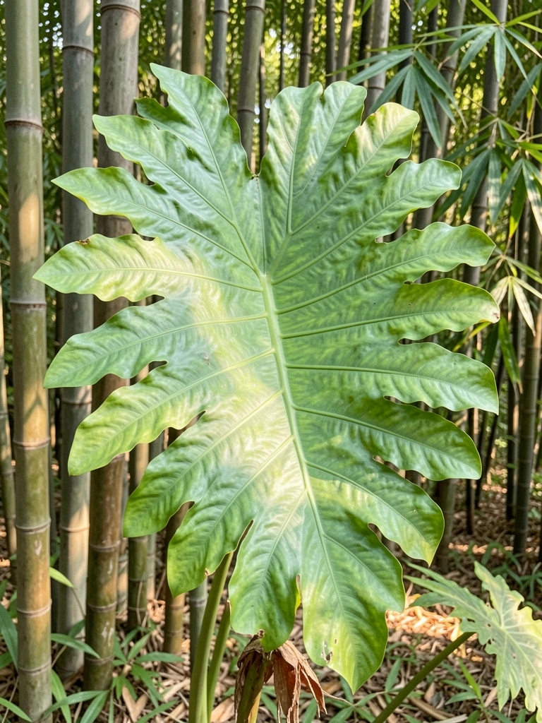 Troncos grossos de bambu com folhas verdes iluminadas pelo sol na floresta