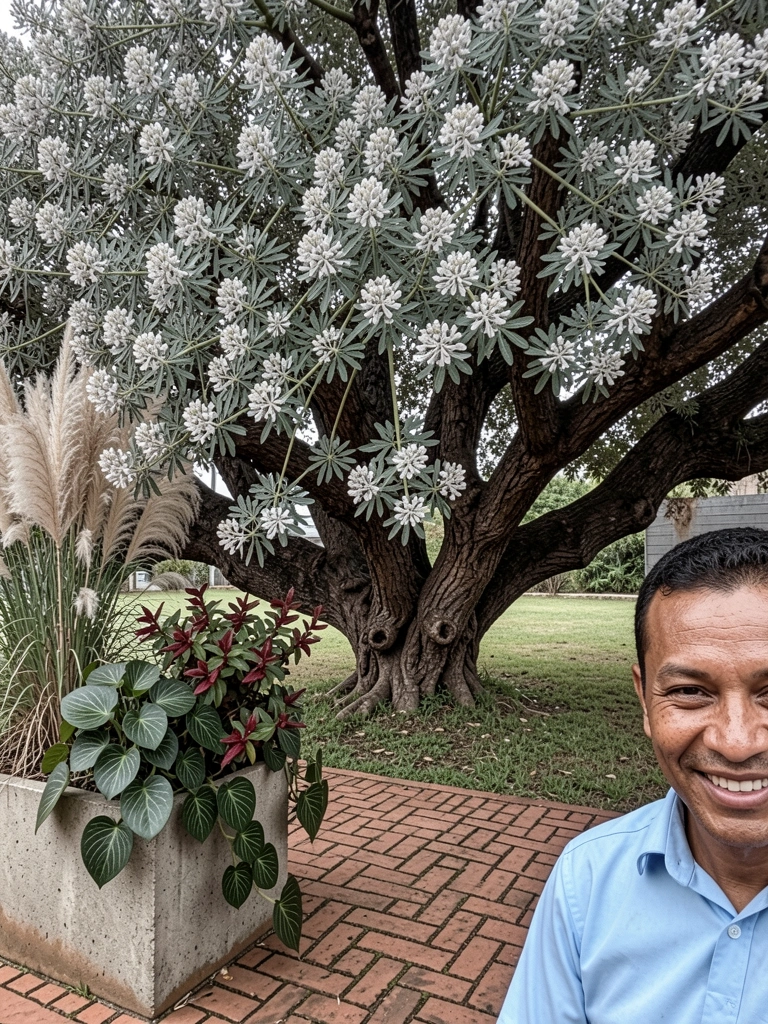 Colagem de folhas de moringa, resedá, capim-dos-pampas e jiboia sobre fundo claro