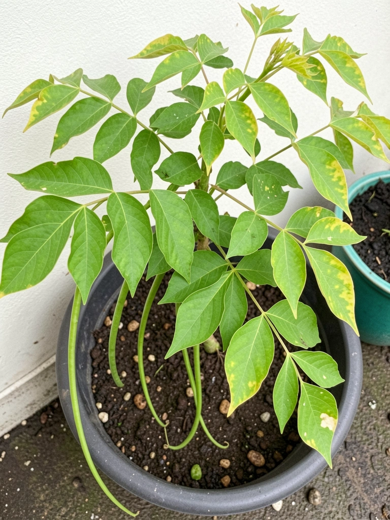 Moringa com folhas verdes e vagens penduradas em quintal ensolarado